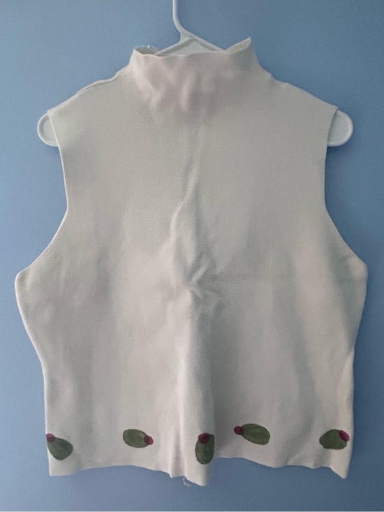 Tops - Sleeveless Mock Neck White Tank with Olive Accent